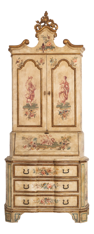 Hand-Painted Rococo Secretaire with Drop-Front Desk and Drawers, 1960s