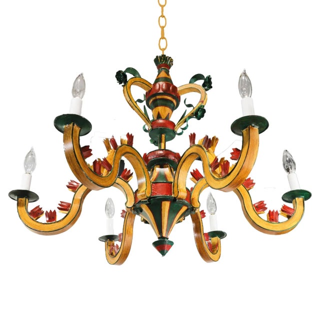 Art Deco Vintage Six-Arm Tole Chandelier Hand-Painted in Gold, Green, and Red For Sale - Image 3 of 13