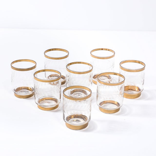 Glass Mid Century Decanter Set With Six Glasses in Gilt Detailing and Etched Glass For Sale - Image 7 of 18