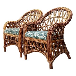 Vintage Woven Rattan Lounge Chairs - A Pair For Sale