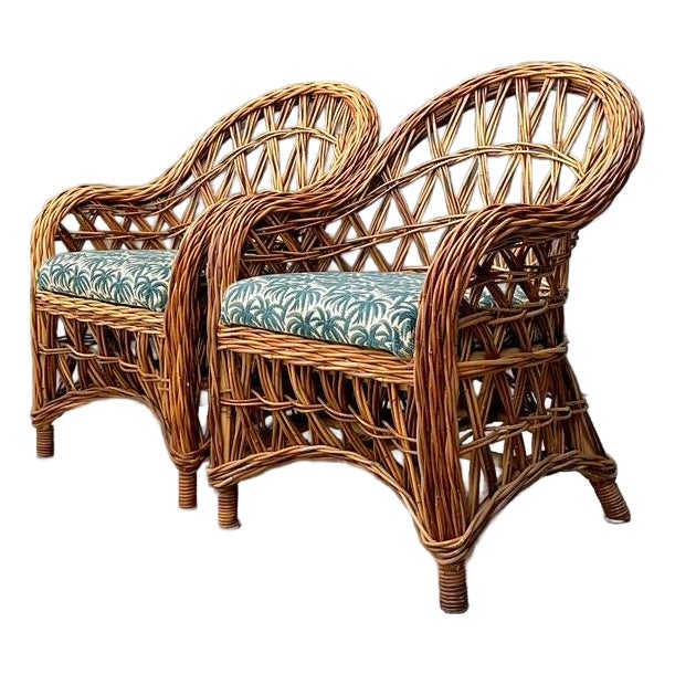 Vintage Woven Rattan Lounge Chairs - A Pair For Sale