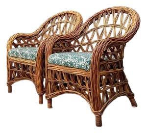 Vintage Woven Rattan Lounge Chairs - A Pair