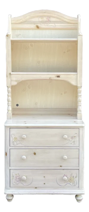 1990s Thomasville Impressions Ribbons & Bows Collection Rustic Country Cottage Knotty Pine 3 Drawer Chest With Bookcase Top in Distressed Beige