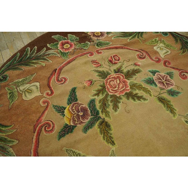 1920s Tan Almond Floral Folk Art Antique American Hooked Rug 6'6"x 7'5" Handknotted Wool Carpet For Sale In New York - Image 6 of 8