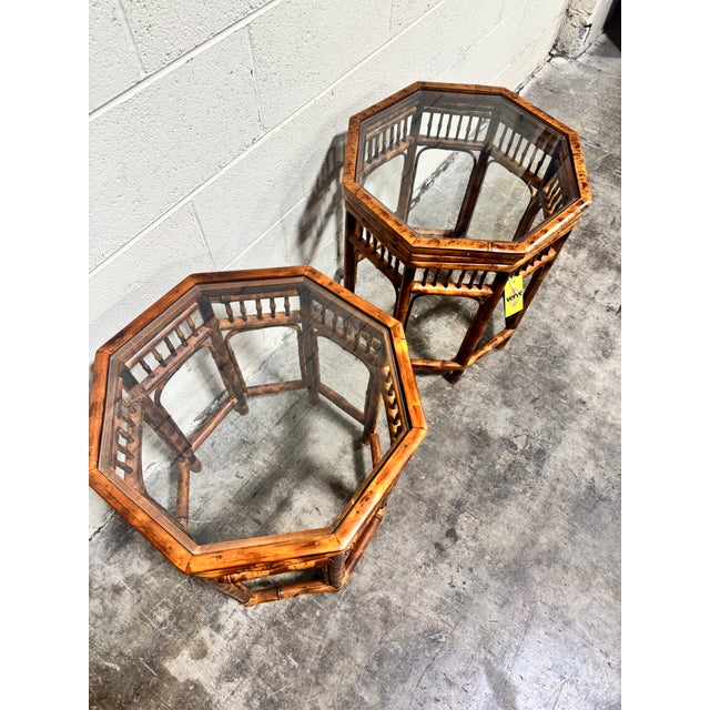 Vintage Boho Burnt Bamboo Glass Top Drink Tables - A Pair For Sale In Richmond - Image 6 of 7