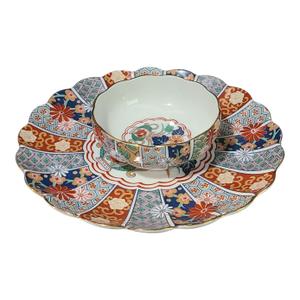 Vintage Japanese Two Piece Arita Imari Porcelain Scalloped Platter & Bowl