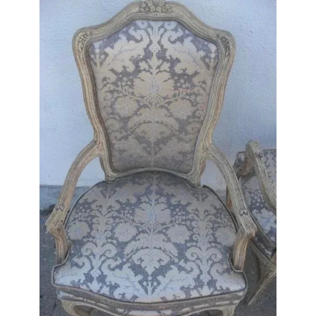 Mid 20th Century Mid 20th Century Damask Upholstered Vintage French Provincial Louis XV Armchairs- a Pair For Sale - Image 5 of 10