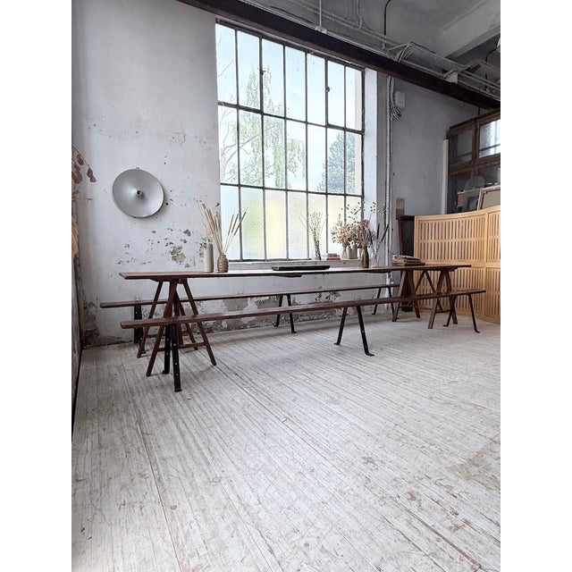 Trestle Farm Table and Benches, 1950s, Set of 3 For Sale - Image 6 of 18