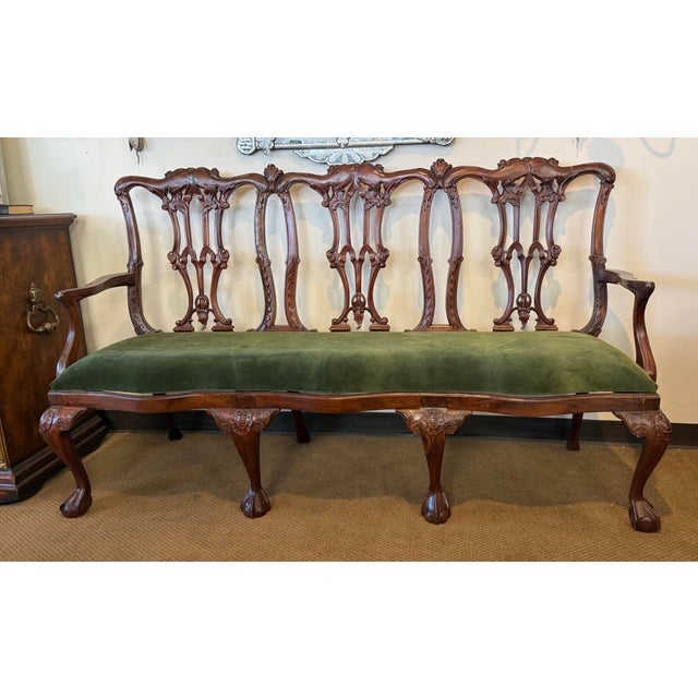 Antique Chippendale Carved Mahogany Bench Settee With Upholstered Seat in British Racing Green Velvet For Sale - Image 4 of 8