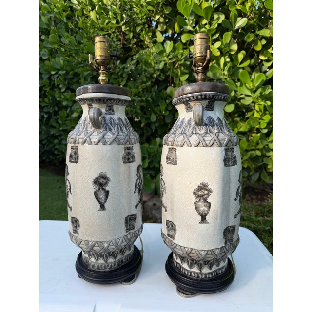 Vintage Oversized Crackle Glaze Art Pottery Urn Lamps, Pair For Sale In Naples, FL - Image 6 of 11