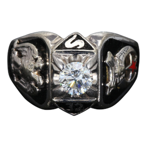 Mid 20th Century 14k White Gold Masonic Men's Ring With a Cz Center Stone - Size 10.5