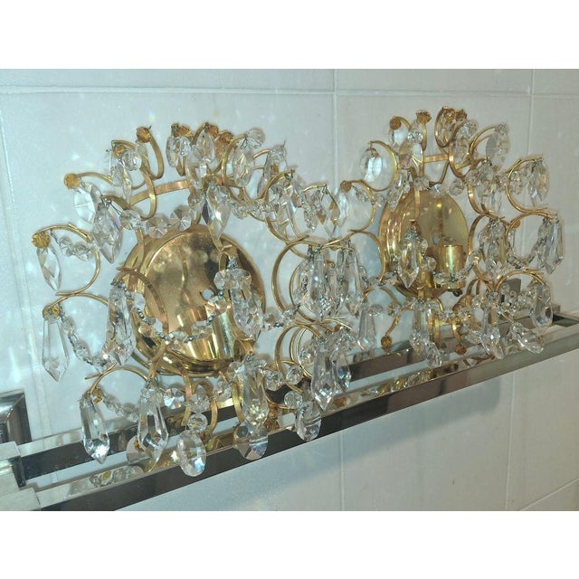 Luxe 1950's Hollywood Regency 24k Plate Frame Austrian Crystal 1/2 Orb Wall Sconces Attributed to Palwa a - Pair For Sale - Image 12 of 17