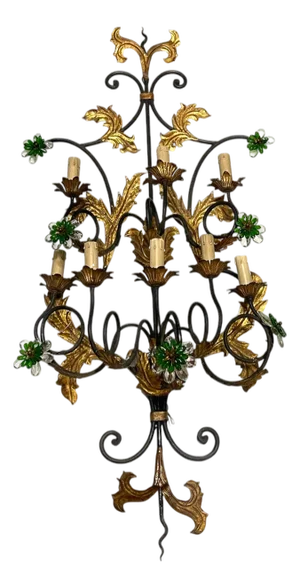 Large Italian Tole Wall Light with Murano Glass Flowers, 1960s