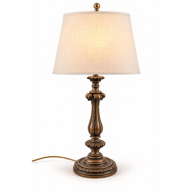 Vintage Neoclassical Acanthus Table Lamp in Aged Bronze With Ivory Linen Shade For Sale - Image 4 of 6