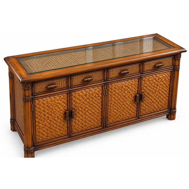 Vintage Rattan and Bamboo-Style Sideboard With Glass-Inset Top – Tropical Regency Cabinet For Sale - Image 9 of 9