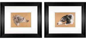 Early 20th Century Wolfhound Portrait Mixed-Media Drawings on Paper, Framed - a Pair