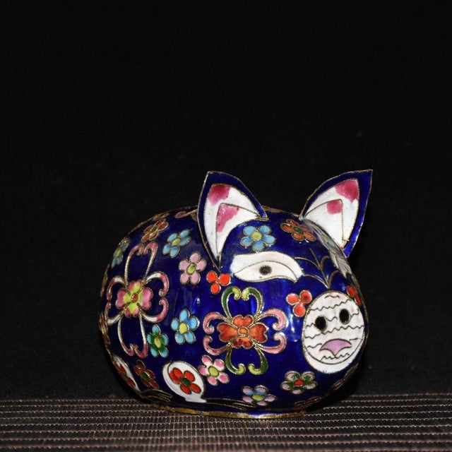 Blue Handmade Cloisonne Pig Figurine, Deep Blue Ground Wire Inlaid Floral Motif, Chinoiserie Table Decor For Sale - Image 8 of 9