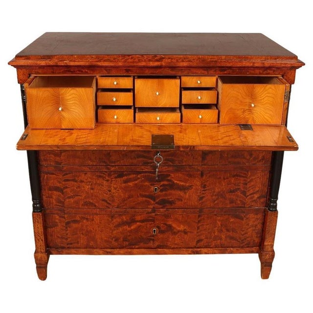 Exceptional Swedish antique Biedermeier writing desk chiffonier secrétaire cabinet in highly quilted golden birch veneers...