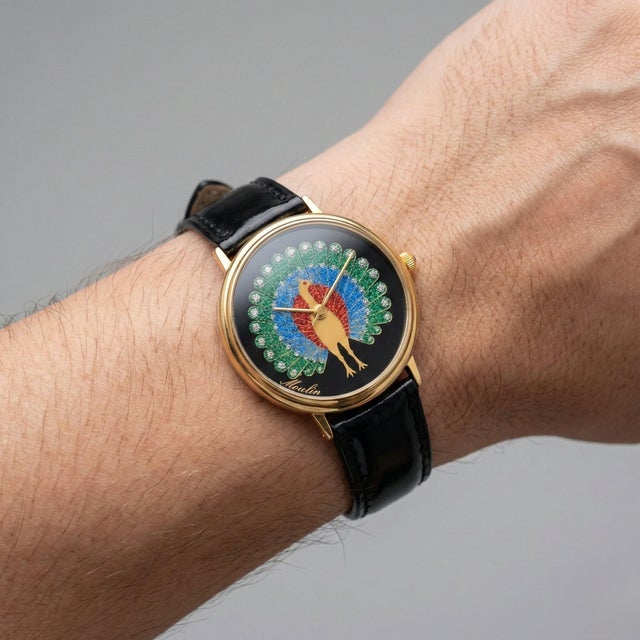 Modern Moulin Peacock Dial Gemstone Studded Quartz Vintage Watch For Sale - Image 3 of 8