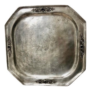 Early 20th Century Pewter Serving Tray With Onyx Cabochon Accents For Sale