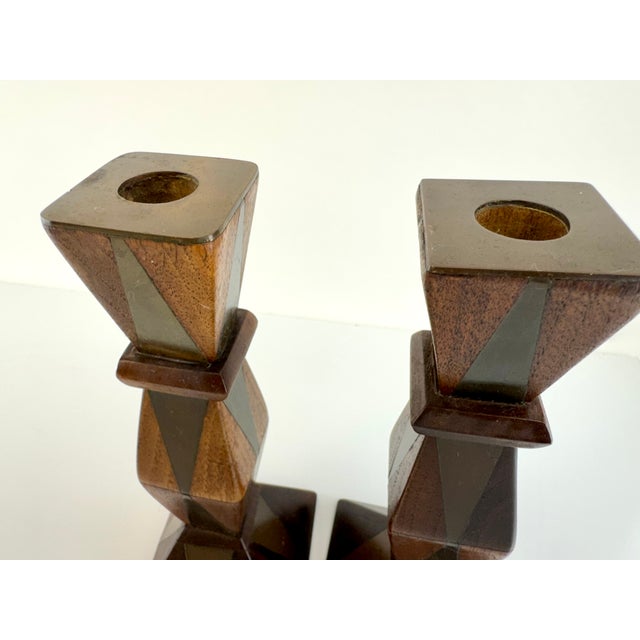 Wood 1960s Mid-Century Faceted Wood & Inlaid Metal Candlesticks, Geometric Modernist Form, a Pair For Sale - Image 7 of 9