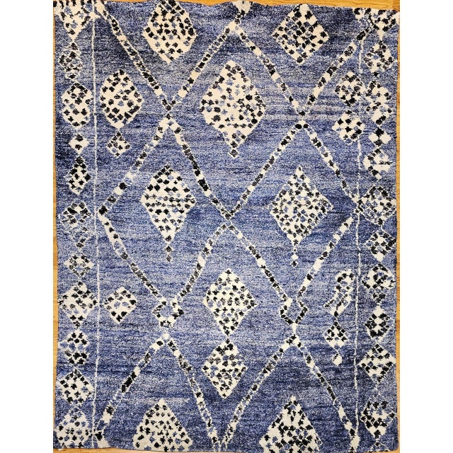 Late 20th Century Vintage Moroccan Rug, Hand-Knotted Wool, All-Over Geometric Pattern, Blue & Ivory, 6’ X 9’ For Sale - Image 5 of 12