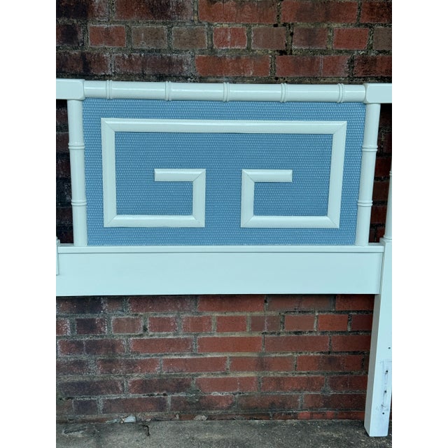 Dixie Chic Vintage Palm Beach Regency Faux Bamboo King Size Headboard With Greek Key Motif - Newly Painted French Blue and White For Sale - Image 4 of 11