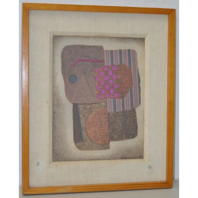 Mixed media painting by listed artist Jose Luis Serrano, circa.1983. Leather and acrylic on panel. Signed and dated lower...