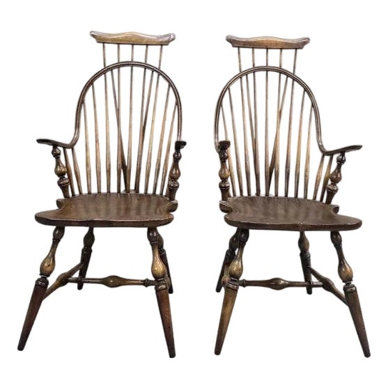 Antique Windsor Bow Back Spindle Armchairs - Pair For Sale