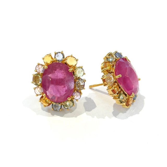 Bochic "Orient" Pastel Sapphires & Red Rubies Earrings Set In 18K Gold & Silver For Sale - Image 4 of 18