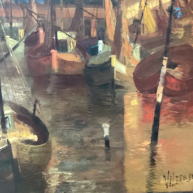 Wood Vintage Painting on Canvas Impressionistic Harbor Scene Artist Signed Framed Dated For Sale - Image 7 of 12