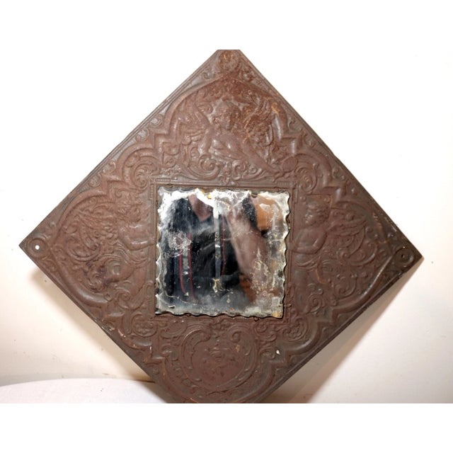 Figurative Antique 1800's Ornate Figural Angels Relief Square Tooled Metal Tole Wall Mirror For Sale - Image 3 of 11