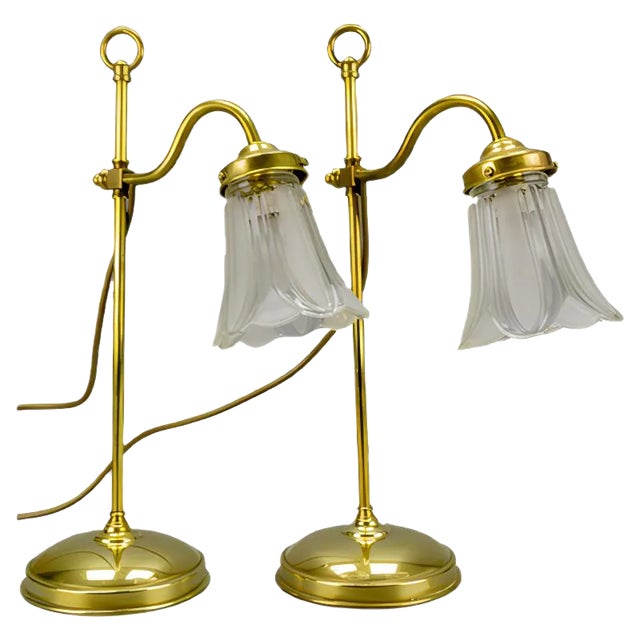 Vintage Brass & Frosted Glass Table Lamps, Set of 2 For Sale