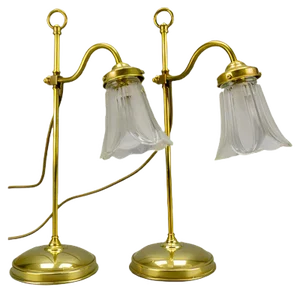 Vintage Brass & Frosted Glass Table Lamps, Set of 2