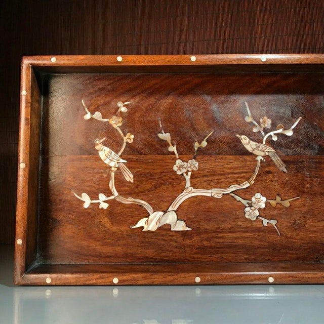 Vintage Huanghuali Wood Tray With Mother-of-Pearl Birds For Sale - Image 4 of 9