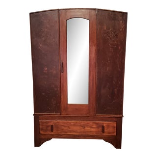 Early 20th Century Victorian Oak Wardrobe with Beveled Edge Mirror & Blanket Drawer For Sale