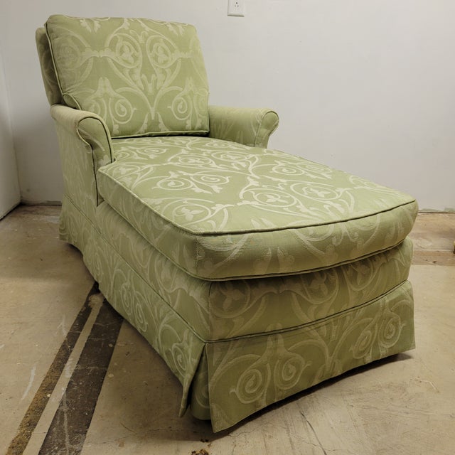 Wood Custom Designer Upholstered Chaise Lounge With Rolled Arms For Sale - Image 7 of 10