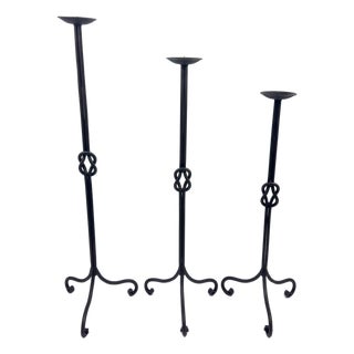 Hand Forged Iron Candelabra Set of 3 (78-98cm) Antique Copper Double Stem with Hercules Knot Detail For Sale