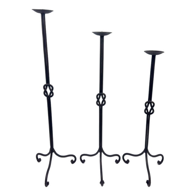 Hand Forged Iron Candelabra Set of 3 (78-98cm) Antique Copper Double Stem with Hercules Knot Detail For Sale