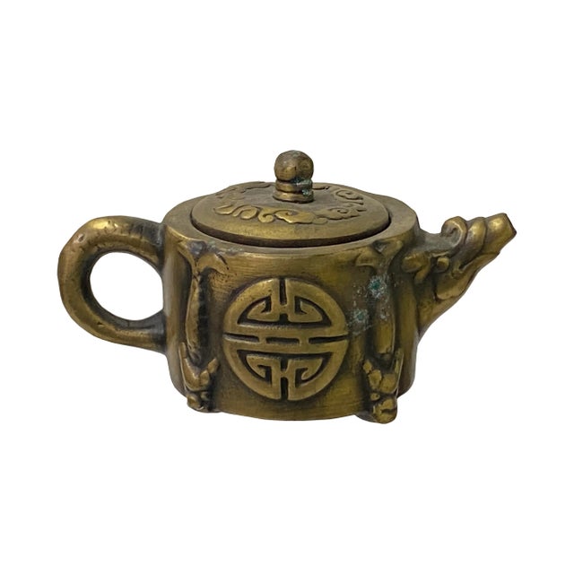 Asian Asian Cast Metal Bronze Color Dragon Accent Teapot Shape Figure Art For Sale - Image 3 of 6