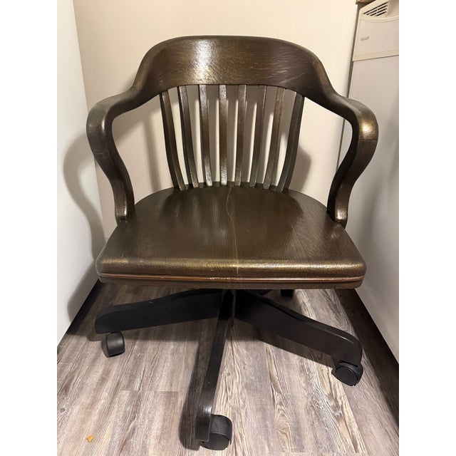 VIntage Custom Kintsugi Brass Inlay White Oak Banker’s Chair – Ebonized Executive Desk Chair For Sale - Image 9 of 9