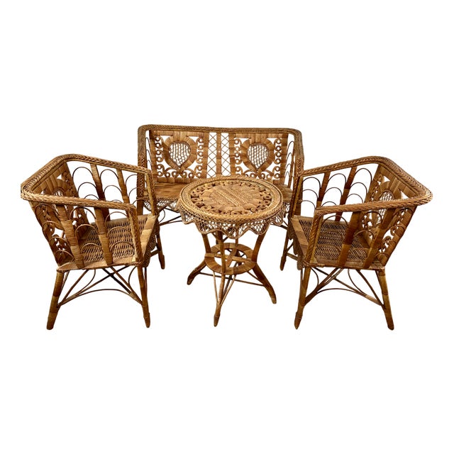 Victorian Rattan Living Room Set, 1920s, Set of 4 For Sale