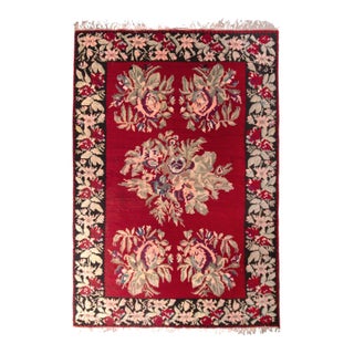 Vintage Bessarabian Kilim in Red With Green and Pink Floral Patterns For Sale