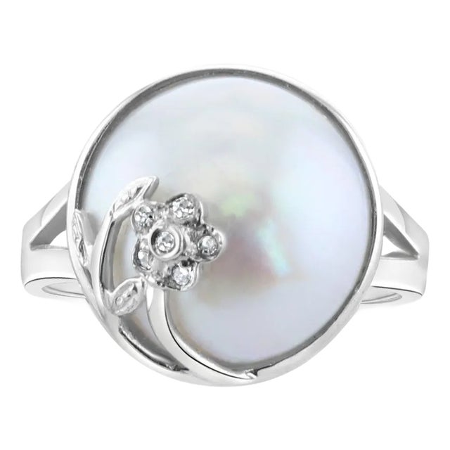 Mabe Pearl Flower Diamond Ring 14k White Gold, Size 3 For Sale