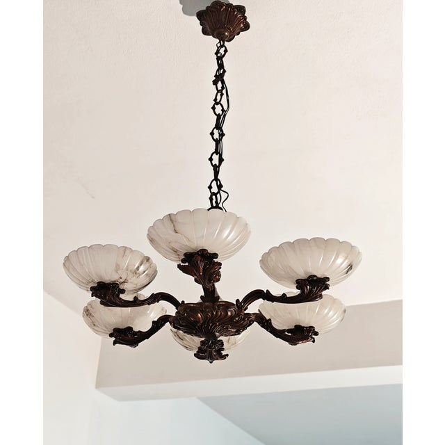 Metal Art Deco Bronze Chandelier with Six Alabaster Lampshades, Made in Italy in the 1950s/1960s. For Sale - Image 7 of 18