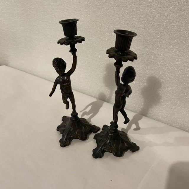Early 20th Century Austrian Bronze Cherub Candlesticks - A Pair For Sale - Image 5 of 7