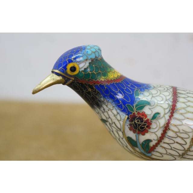 Vintage Chinese Brass Cloisonne Enamel Bird Figurine on Wood Stand 5" For Sale - Image 6 of 13