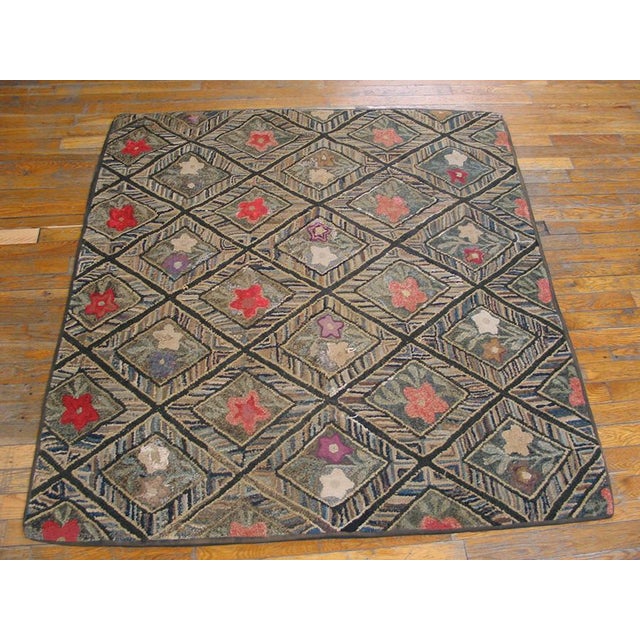 Brown 1880s Brown Diamond Folk Art Antique American Hooked Rug 4'4" X 4'9" Handknotted Wool Carpet For Sale - Image 8 of 9