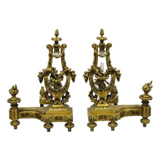 Antique French Empire Neoclassical Bronze Figural Lyre Harp Andirons - A Pair For Sale