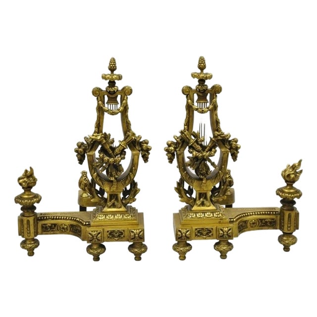 Antique French Empire Neoclassical Bronze Figural Lyre Harp Andirons - A Pair For Sale